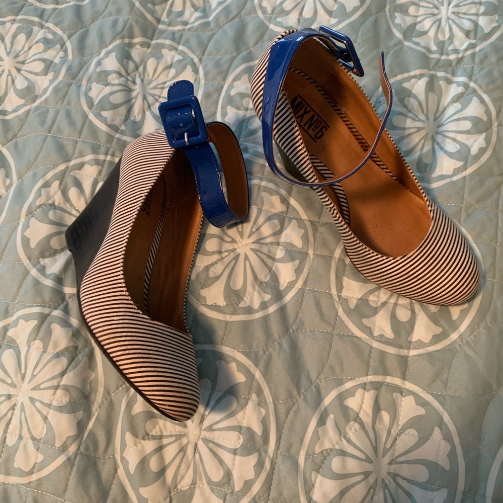 Navy and white striped wedges- blue ankle buckle